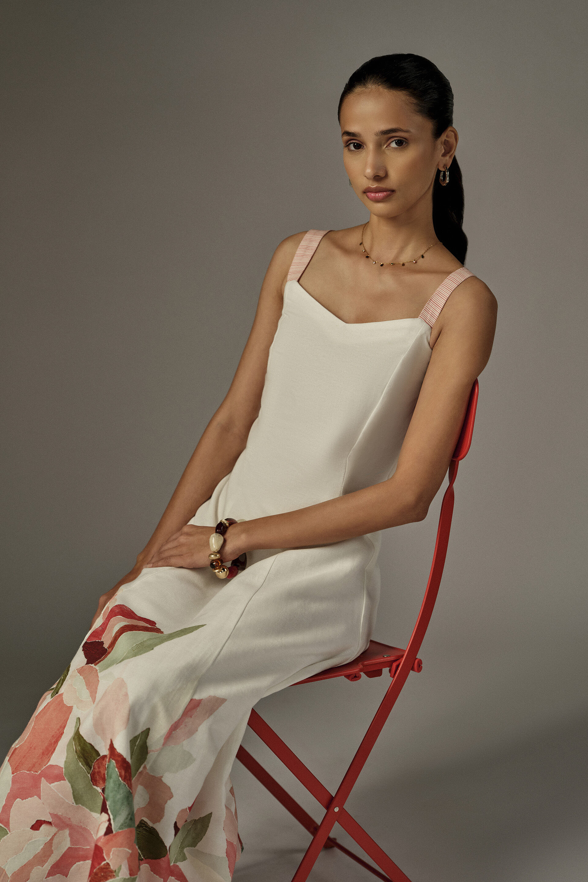 A-line Floral Midi Dress in White, White, image 3